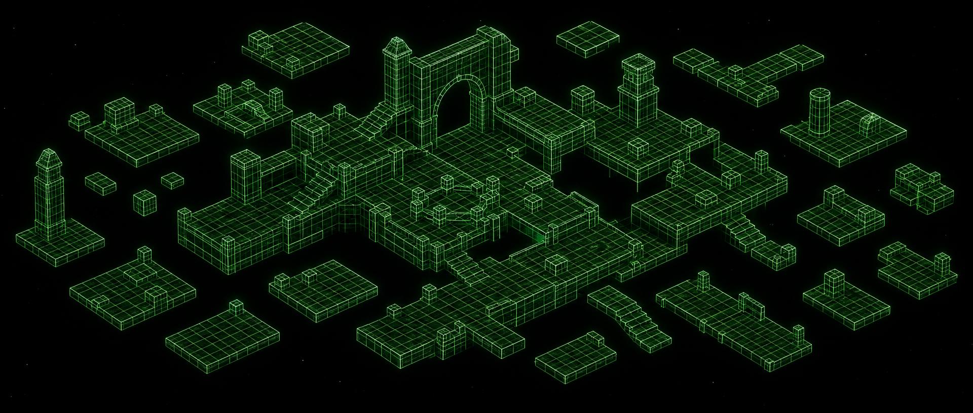 Isometric wireframe level blockout with glowing green grid lines